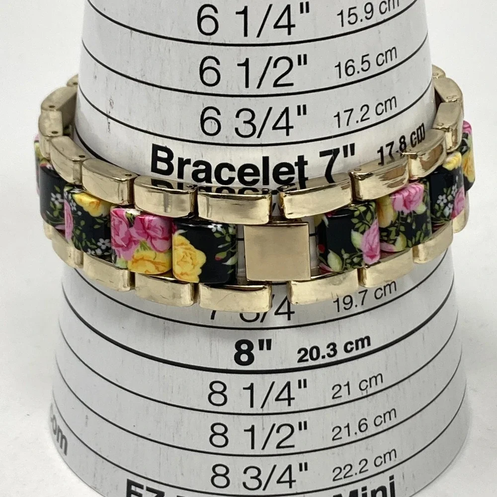 Icing Women's Watch Floral Band Black Pink 37mm Gold Tone New Battery 7.5